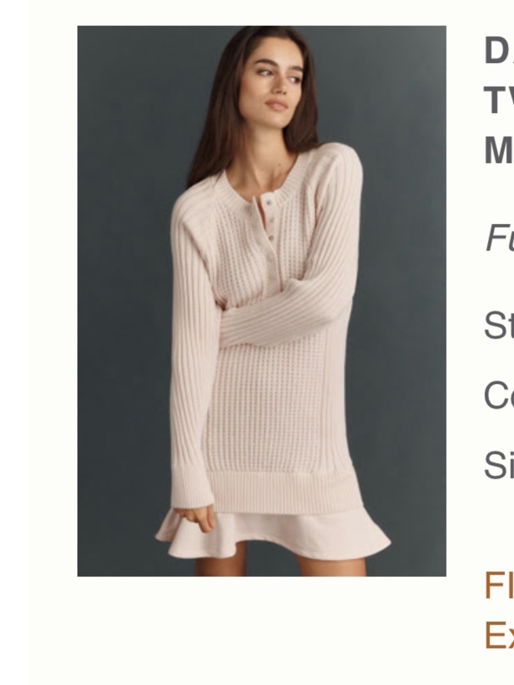 Anthropologie Light Blush Knit Henley Sweater Dress